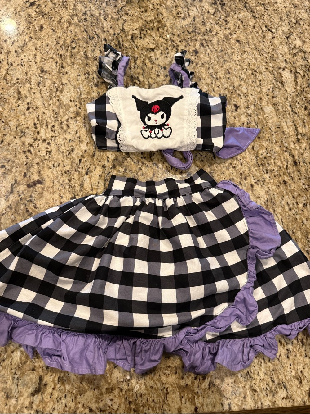 Hello Kitty Black & White Gingham Costume with Purple Ruffle READ DES